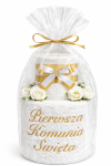 Tort z ręczników PREZENT KOMUNIA ŚW. 50x90 2szt. i 70x140 1 szt. biały