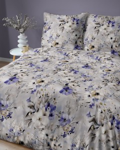 Pościel satynowa 160x200 beżowa szara w niebieskie kwiaty HOME SATIN 5775B