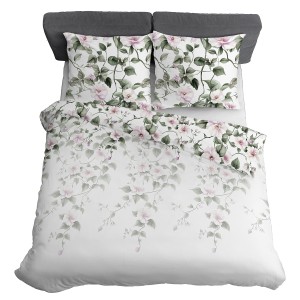Pościel satynowa 160x200 zielone pnącza z różowymi kwiatami HOME SATIN 5800B