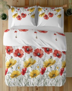 Pościel bawełniana 100% 160x200 biała czerwone żółte maki 5758A