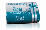 Zestaw ręczników 70x140 - 2 szt. SZCZĘŚLIWA ŻONA SZCZĘŚLIWY MĄŻ biały/turkus